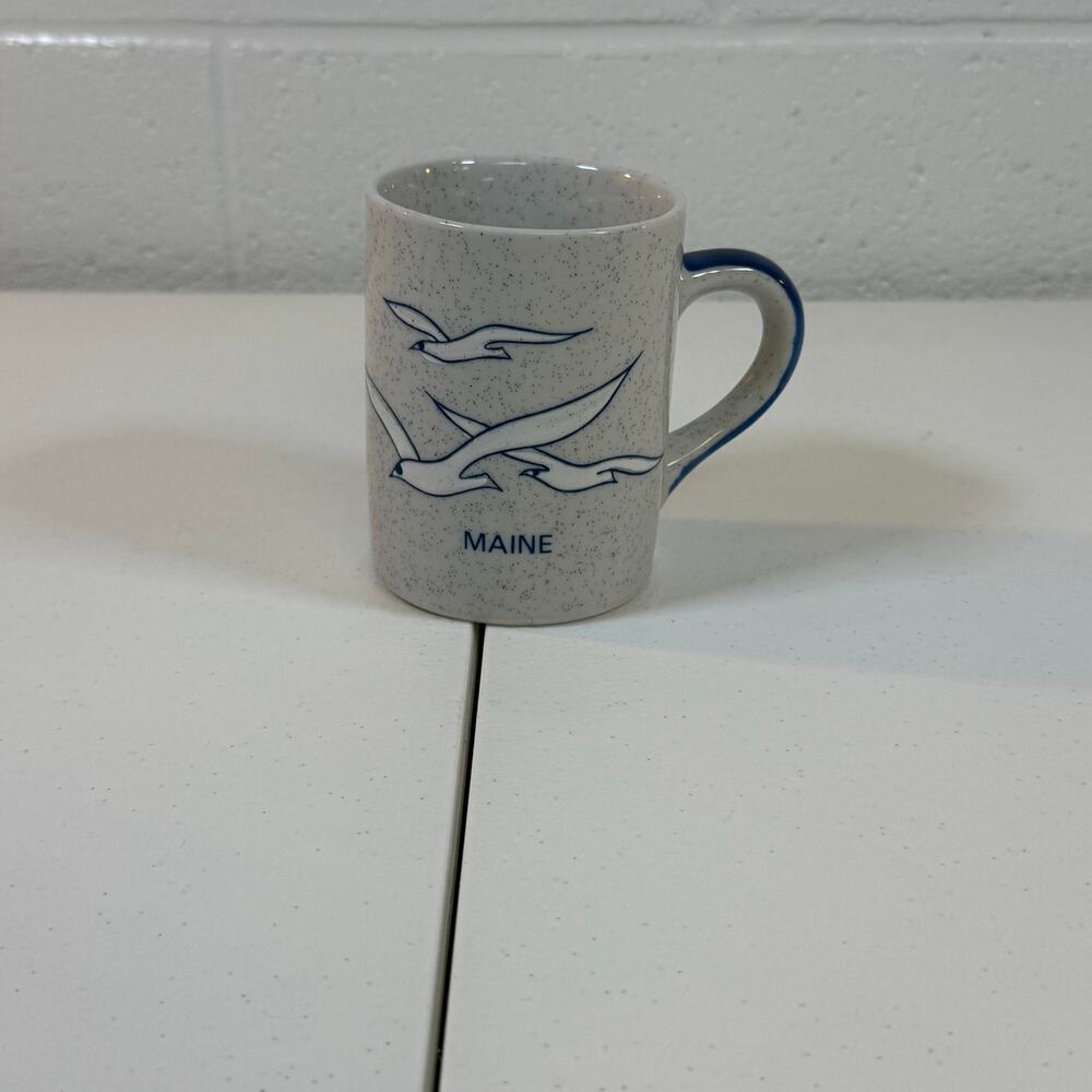 Maine Souvenir Coffee Mug Blue Seagulls Speckled Ceramic Coastal Nautical Cup